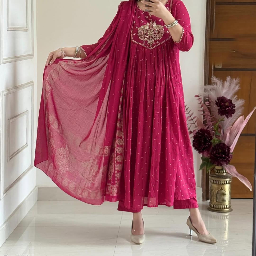 Beautiful  Cotton Suit With Embroidery Work Anarkali Kurta Dupatta  Set In New Colour