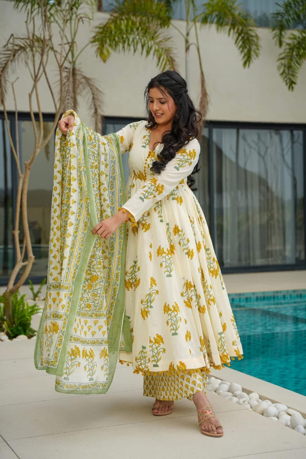 Women Floral Printed Anarkali Calf Length Kurta With Trousers & Dupatta Set