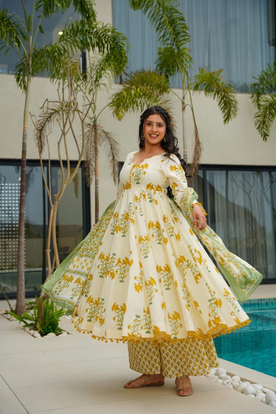 Women Floral Printed Anarkali Calf Length Kurta With Trousers & Dupatta Set
