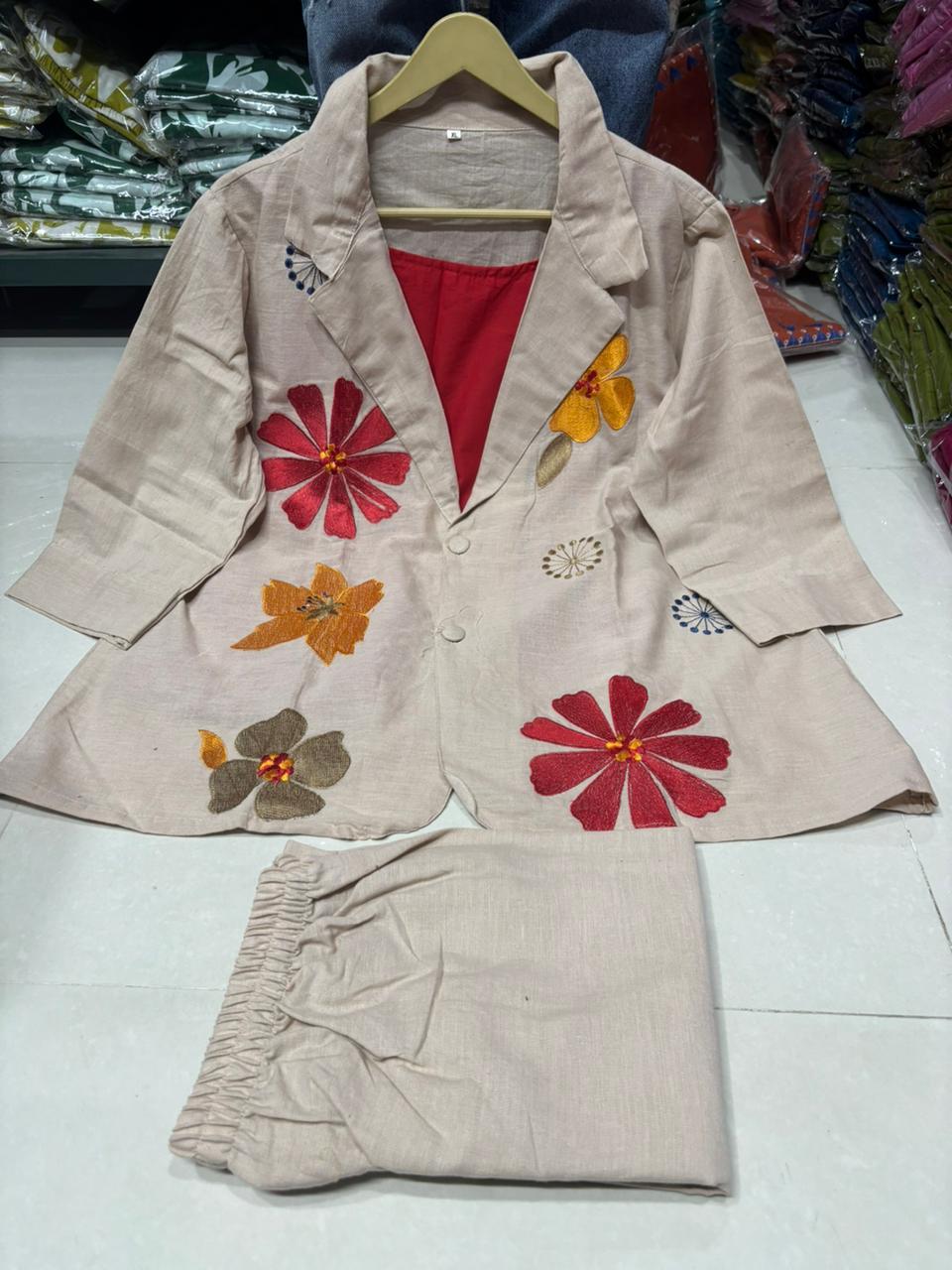 Pure Cotton Jute Appliqué Work Blazer Style Co-Ord Set In Beige