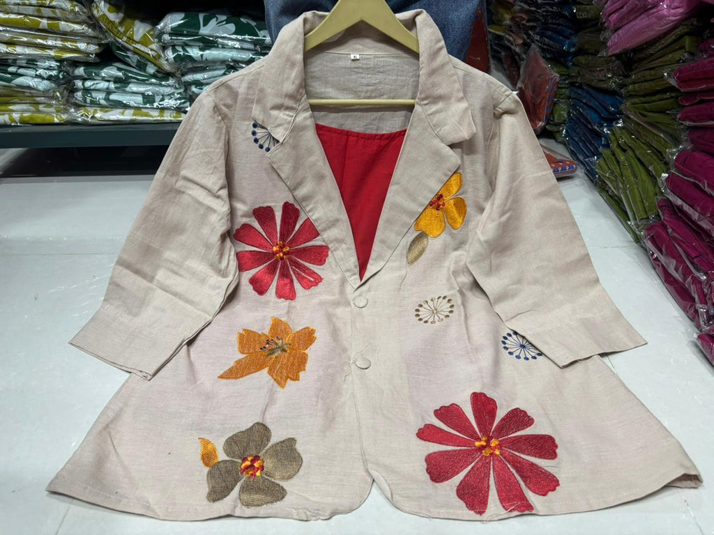 Pure Cotton Jute Appliqué Work Blazer Style Co-Ord Set In Beige