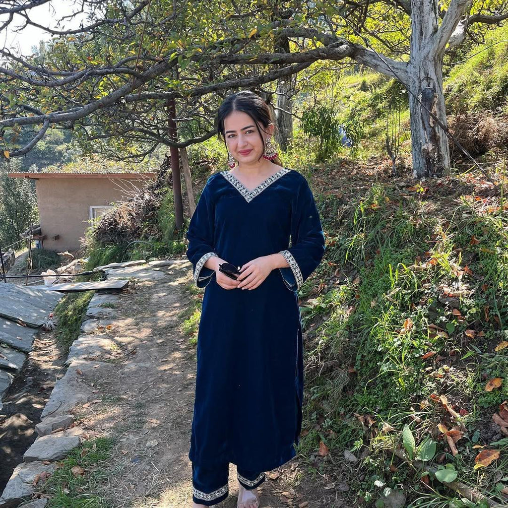 Navy Blue Velvet Lotus Co-Ord