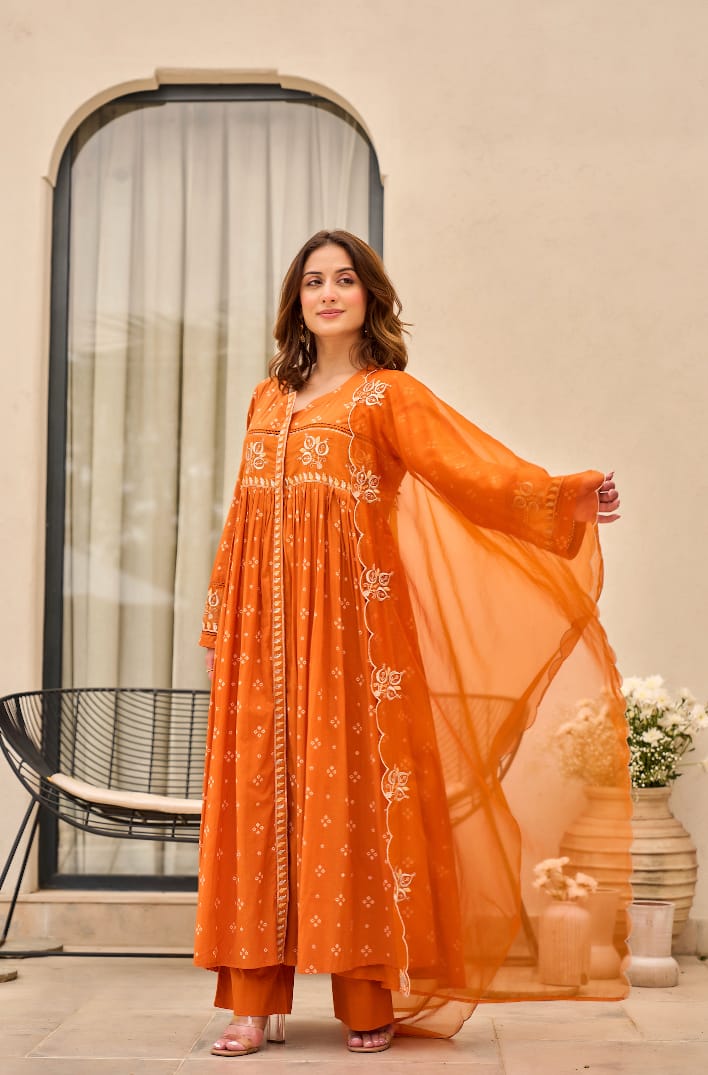 Rust Orange Bandhani Mul Cotton A Line Handwork Suit