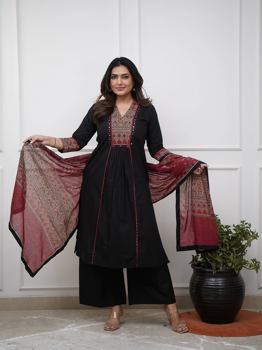 Black Ethnic Kurta Set with Elegant Printed Dupatta
