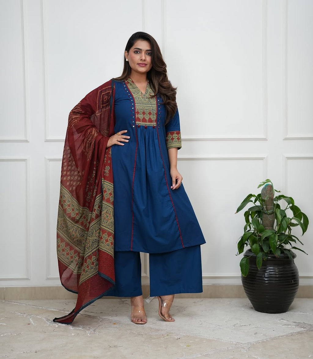 Elegant Navy Blue Ethnic Kurta Set with Printed Maroon Dupatta
