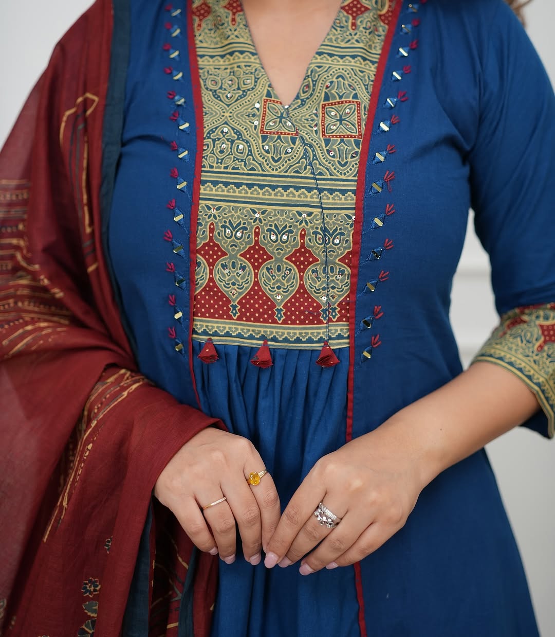 Elegant Navy Blue Ethnic Kurta Set with Printed Maroon Dupatta