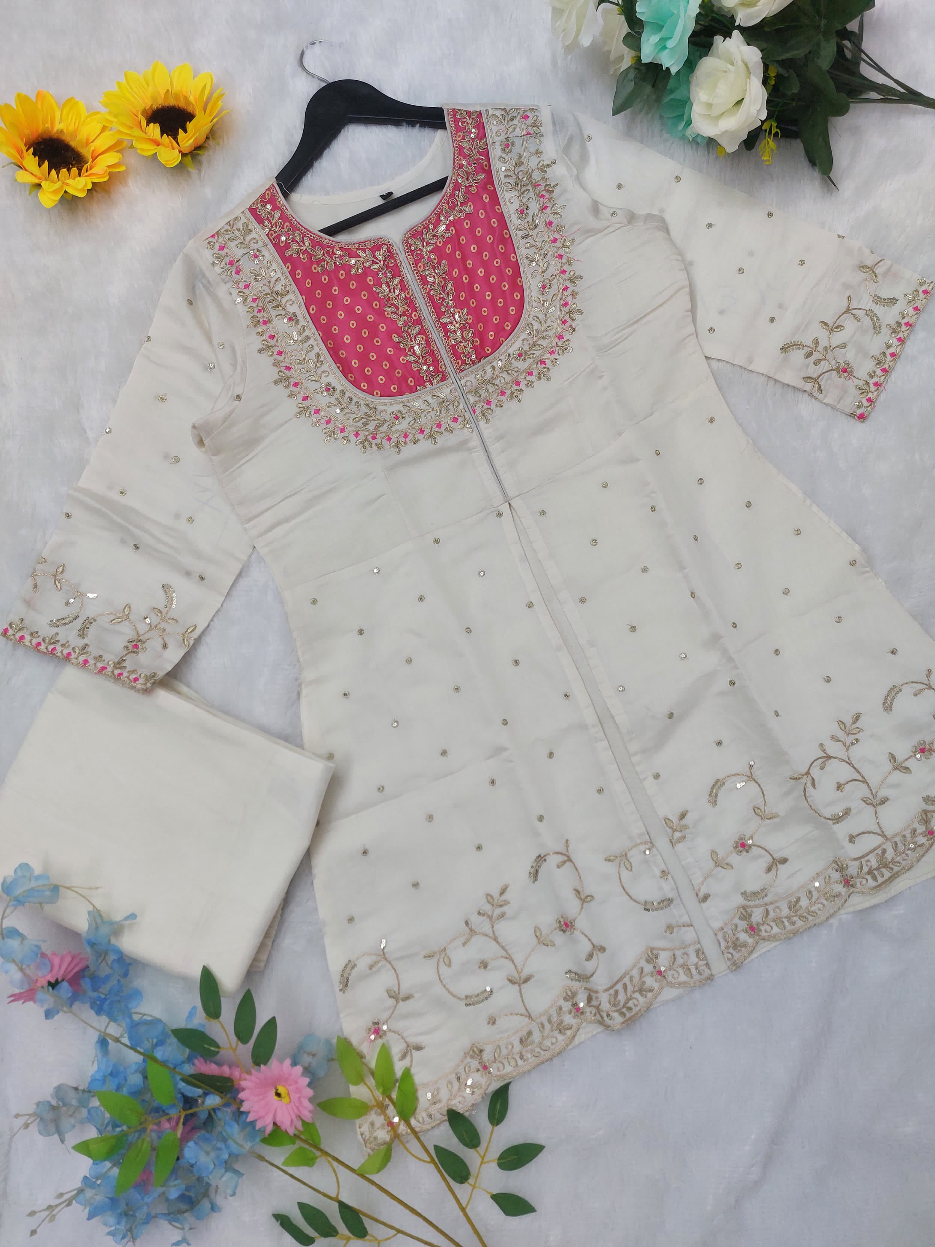 Elegant Ivory & Pink Embroidered Kurta Set with Palazzo Pants