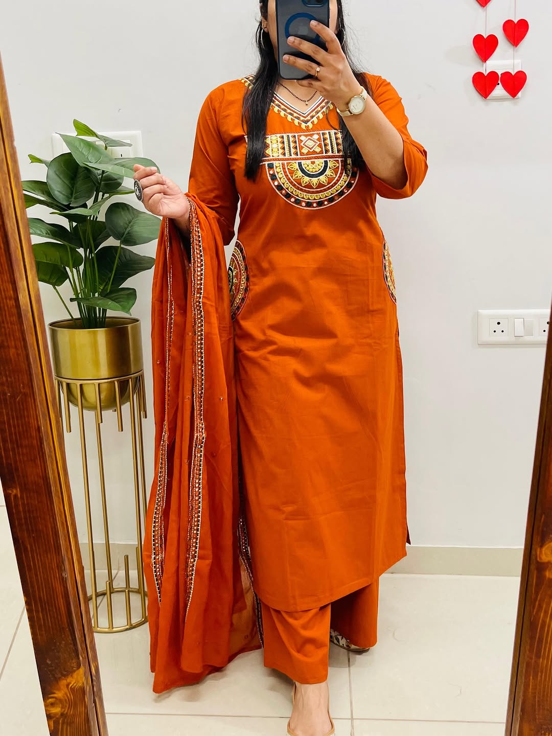 Rust Orange Embroidered Kurta Set with Dupatta