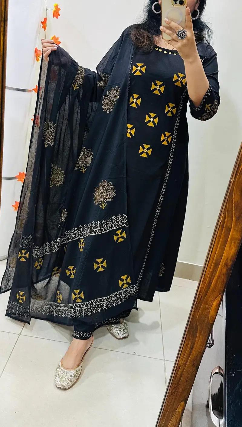 Elegant Black Printed Kurta Set with Dupatta