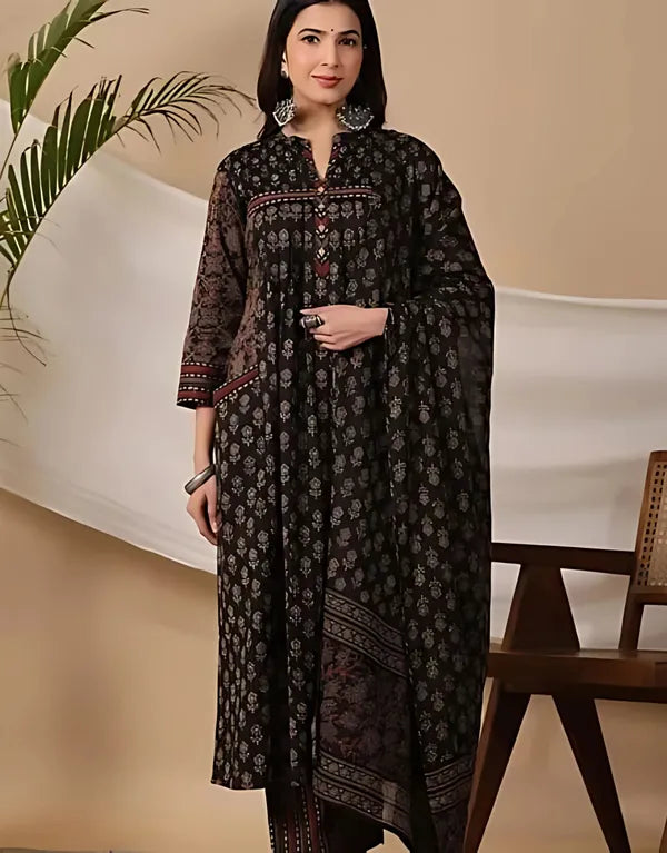Black Traditional Block Print A-Line Kurta Set with Dupatta